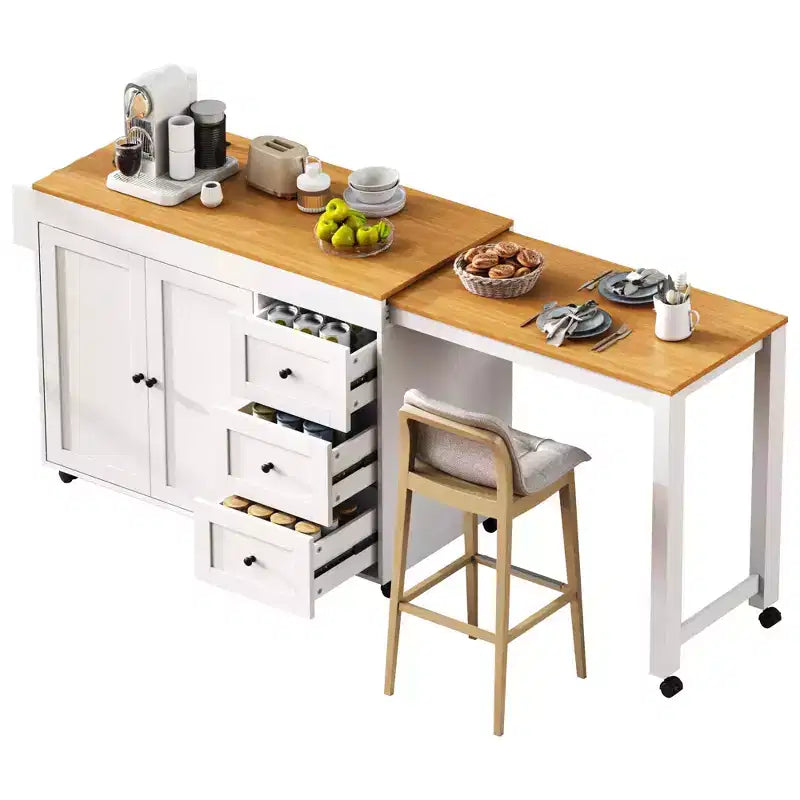 MAYEERTY Isola Cucina con Tavolo da Pranzo, 3 Cassetti, Presa Elettrica, Isola Cucina Rotante su Ruote con Porta Spezie e Mobile a 2 Ante per Cucina, Bianco