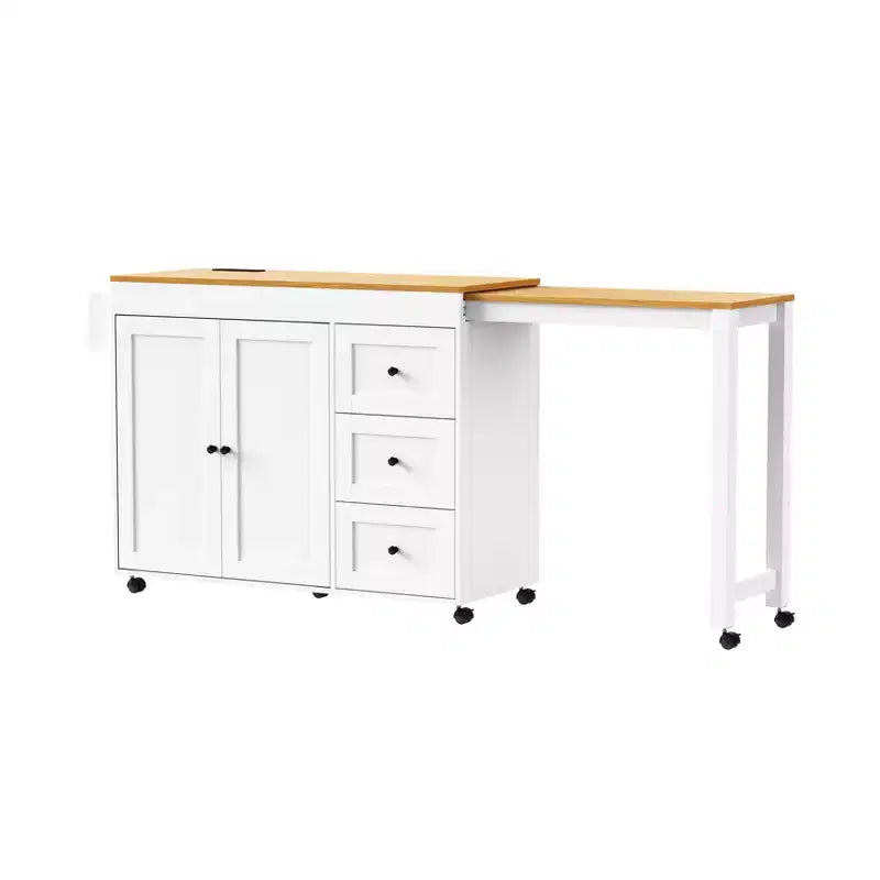 MAYEERTY Isola Cucina con Tavolo da Pranzo, 3 Cassetti, Presa Elettrica, Isola Cucina Rotante su Ruote con Porta Spezie e Mobile a 2 Ante per Cucina, Bianco