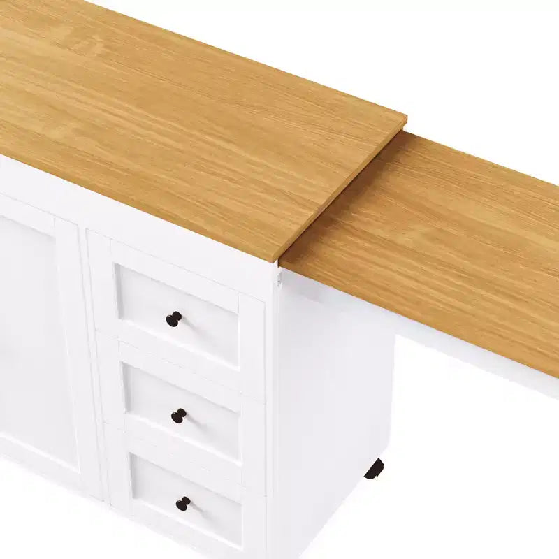 MAYEERTY Isola Cucina con Tavolo da Pranzo, 3 Cassetti, Presa Elettrica, Isola Cucina Rotante su Ruote con Porta Spezie e Mobile a 2 Ante per Cucina, Bianco
