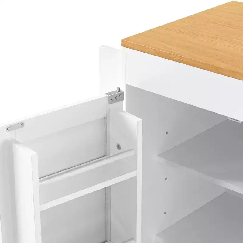 MAYEERTY Isola Cucina con Tavolo da Pranzo, 3 Cassetti, Presa Elettrica, Isola Cucina Rotante su Ruote con Porta Spezie e Mobile a 2 Ante per Cucina, Bianco