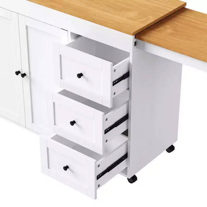MAYEERTY Isola Cucina con Tavolo da Pranzo, 3 Cassetti, Presa Elettrica, Isola Cucina Rotante su Ruote con Porta Spezie e Mobile a 2 Ante per Cucina, Bianco
