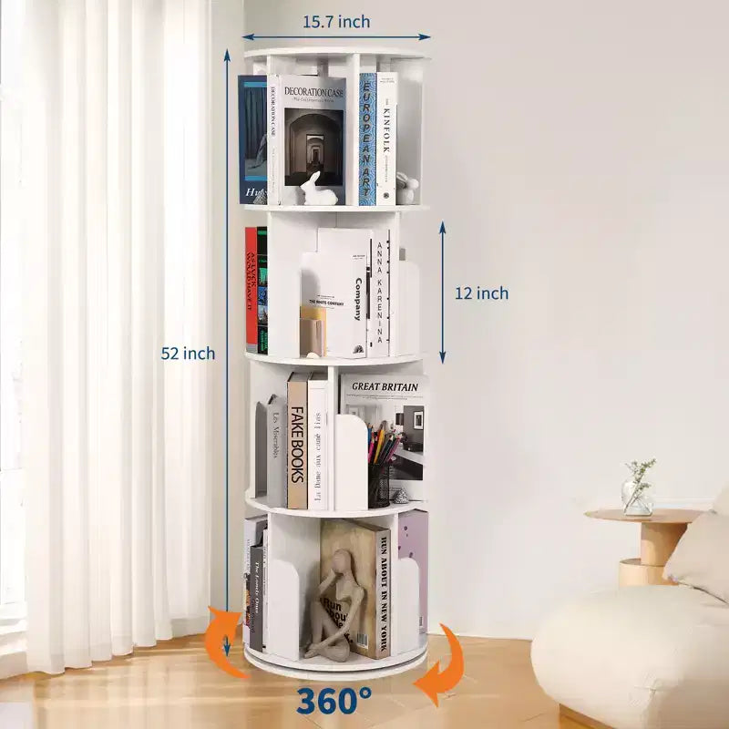 Libreria alta a 4 ripiani girevole a 360° in legno, per camera da letto, angolare, per ufficio, soggiorno e piccoli spazi