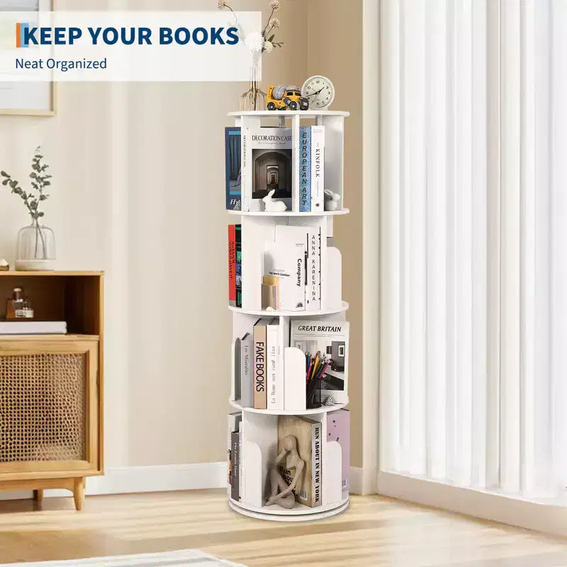 Libreria alta a 4 ripiani girevole a 360° in legno, per camera da letto, angolare, per ufficio, soggiorno e piccoli spazi