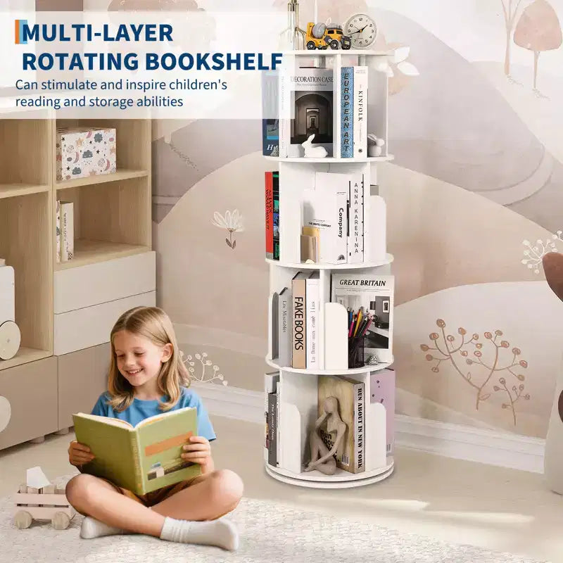 Libreria alta a 4 ripiani girevole a 360° in legno, per camera da letto, angolare, per ufficio, soggiorno e piccoli spazi