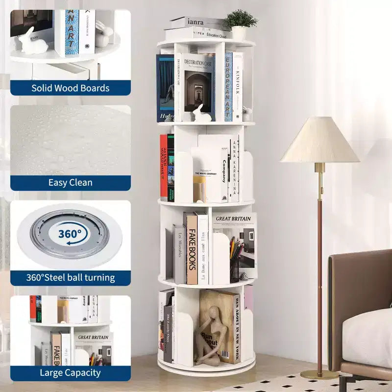 Libreria alta a 4 ripiani girevole a 360° in legno, per camera da letto, angolare, per ufficio, soggiorno e piccoli spazi