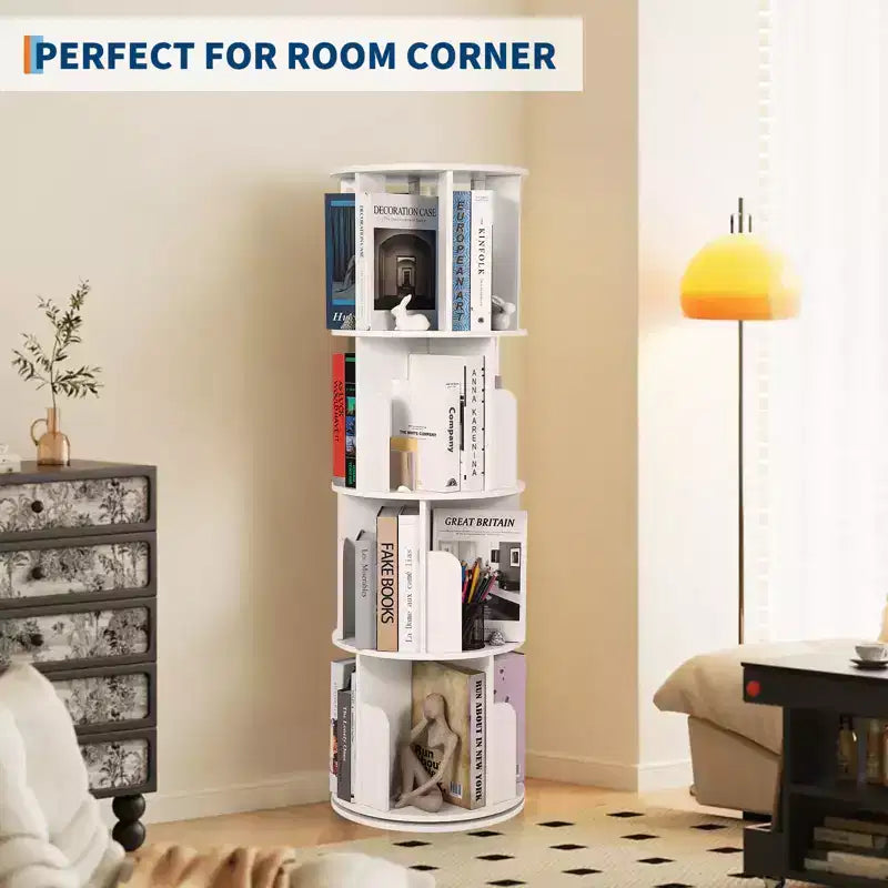 Libreria alta a 4 ripiani girevole a 360° in legno, per camera da letto, angolare, per ufficio, soggiorno e piccoli spazi