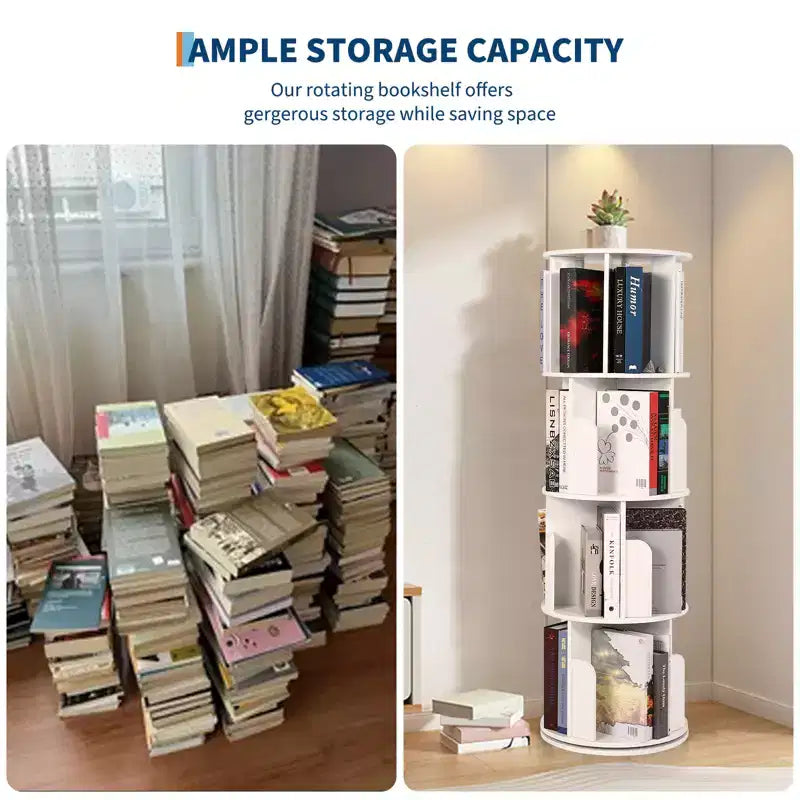 Libreria alta a 4 ripiani girevole a 360° in legno, per camera da letto, angolare, per ufficio, soggiorno e piccoli spazi