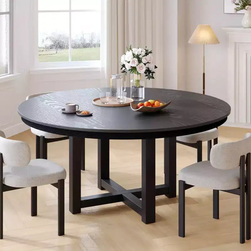 PexFix 52 x 52 Tavolo da pranzo in legno massello stile rustico con piano rotondo effetto legno e base a croce per sale da pranzo moderne e riunioni di famiglia Nero