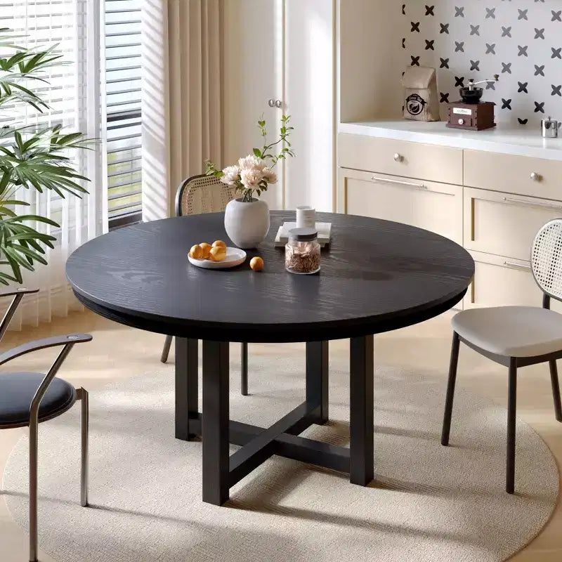 PexFix 52 x 52 Tavolo da pranzo in legno massello stile rustico con piano rotondo effetto legno e base a croce per sale da pranzo moderne e riunioni di famiglia Nero