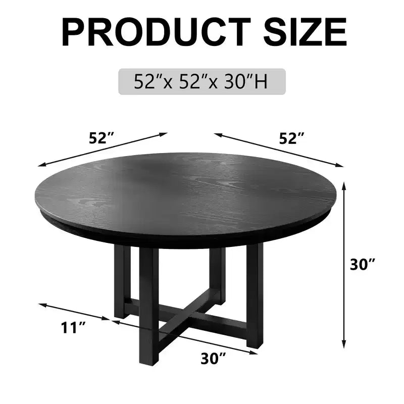 PexFix 52 x 52 Tavolo da pranzo in legno massello stile rustico con piano rotondo effetto legno e base a croce per sale da pranzo moderne e riunioni di famiglia Nero
