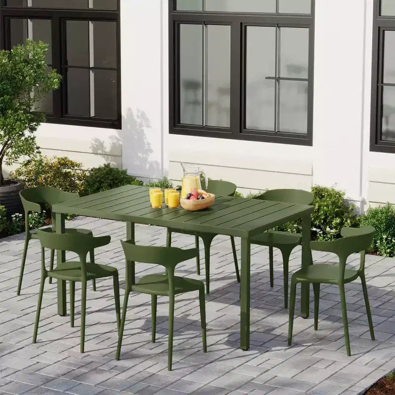 WestinTrends Playa 7-Piece Outdoor Metal Rectangle Patio Dining Table Set With Stackable Plastic Dining Chairs For 6