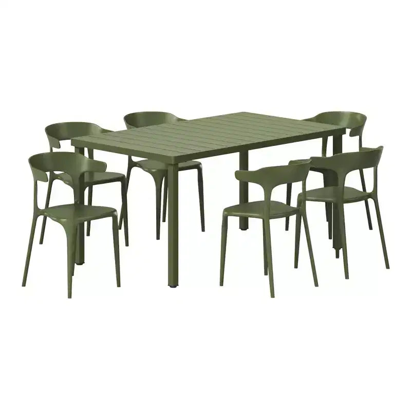 WestinTrends Playa 7-Piece Outdoor Metal Rectangle Patio Dining Table Set With Stackable Plastic Dining Chairs For 6