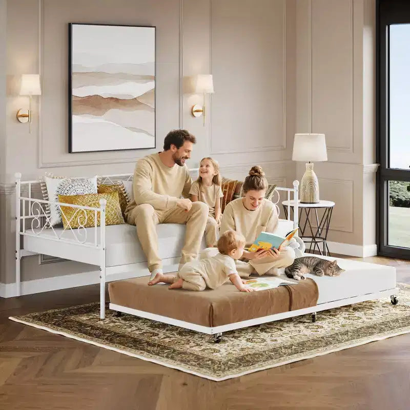 Divano letto con rotelle estraibili, struttura in metallo per letto singolo con testiera, divano letto a piattaforma multifunzionale per camera da letto, soggiorno, camera degli ospiti