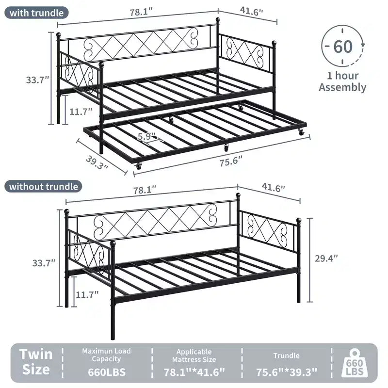 Divano letto con rotelle estraibili, struttura in metallo per letto singolo con testiera, divano letto a piattaforma multifunzionale per camera da letto, soggiorno, camera degli ospiti