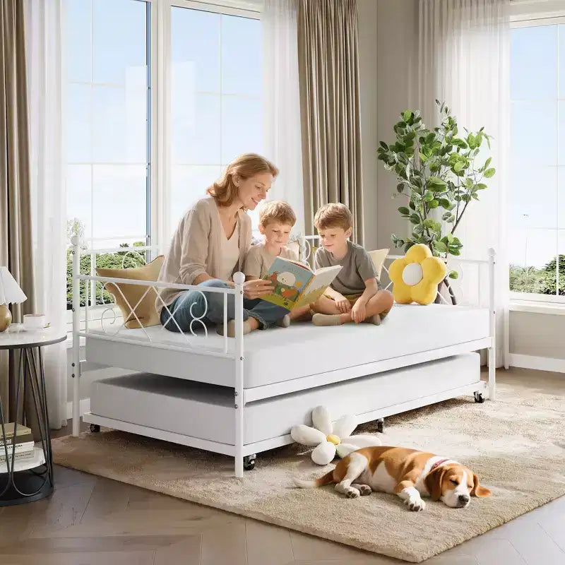 Divano letto con rotelle estraibili, struttura in metallo per letto singolo con testiera, divano letto a piattaforma multifunzionale per camera da letto, soggiorno, camera degli ospiti