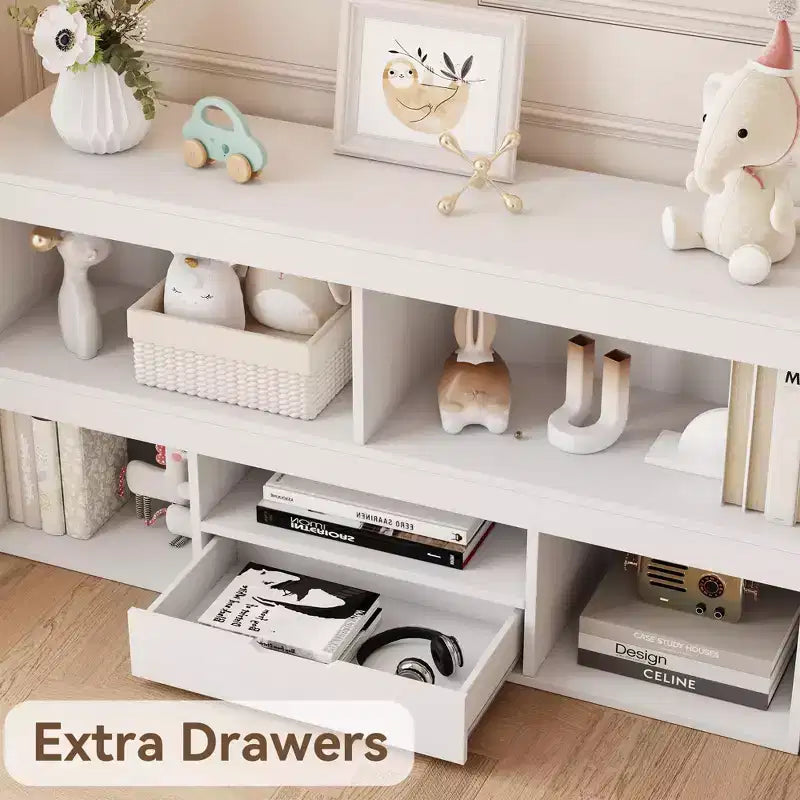 Libreria per bambini con cassetto, Organizer in legno per giocattoli, Scaffale bianco per cameretta, aula, stanza dei bambini