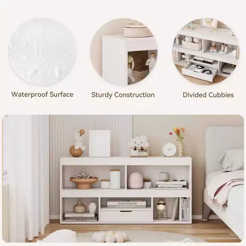 Libreria per bambini con cassetto, Organizer in legno per giocattoli, Scaffale bianco per cameretta, aula, stanza dei bambini