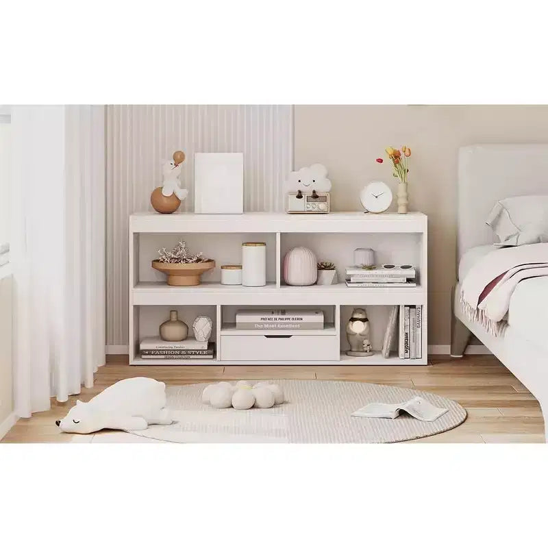 Libreria per bambini con cassetto, Organizer in legno per giocattoli, Scaffale bianco per cameretta, aula, stanza dei bambini