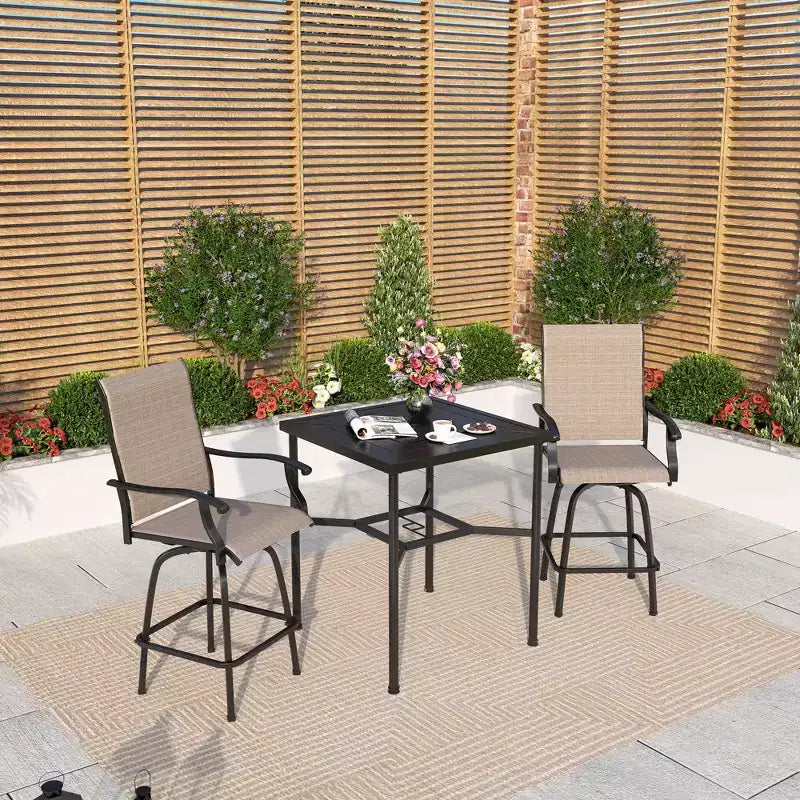 Captiva Designs Set 3 Pezzi Tavolo da Bar Quadrato in Acciaio Geometria e Sgabelli Alti Girevoli per Patio Esterno