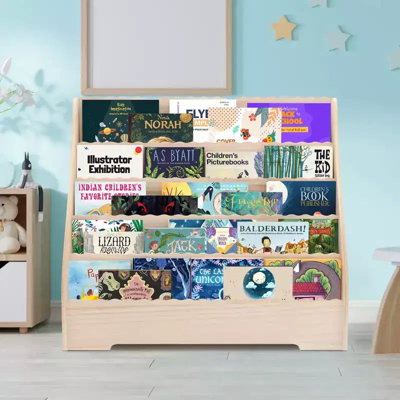 Scaffale a 5 ripiani per libri per bambini con contenitore, espositori per libri per bambini, portariviste, organizer multifunzionale per libri di fiabe, scaffale per libri da pittura per camerette.