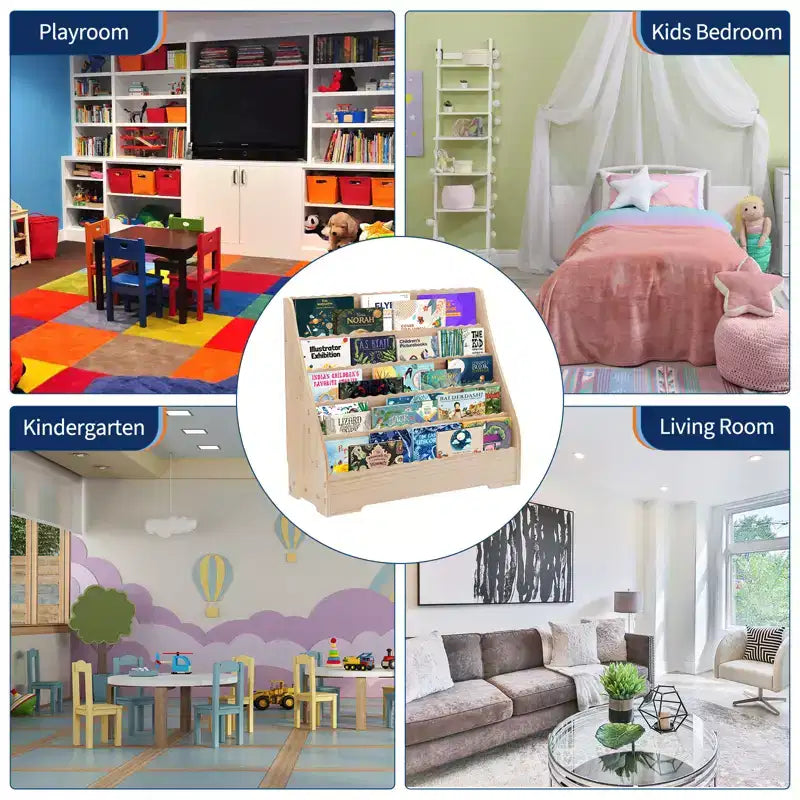 Scaffale a 5 ripiani per libri per bambini con contenitore, espositori per libri per bambini, portariviste, organizer multifunzionale per libri di fiabe, scaffale per libri da pittura per camerette.