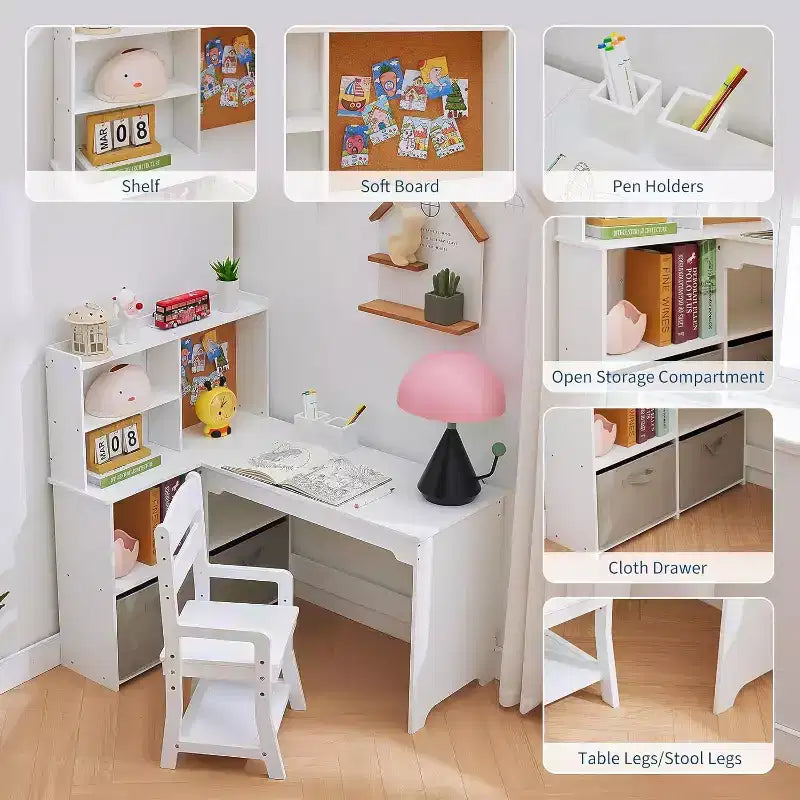 Acekool Scrivania angolare a L e sedia per bambini, tavolo da studio con bacheca, ripiani aperti, armadietti e cassetti in tessuto, bianco
