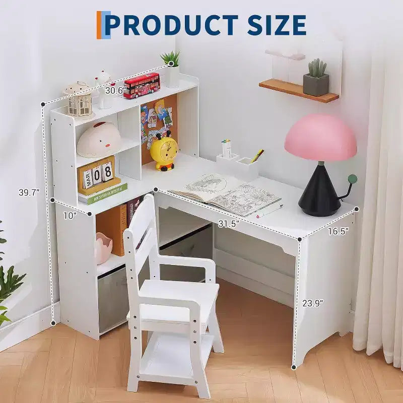 Acekool Scrivania angolare a L e sedia per bambini, tavolo da studio con bacheca, ripiani aperti, armadietti e cassetti in tessuto, bianco
