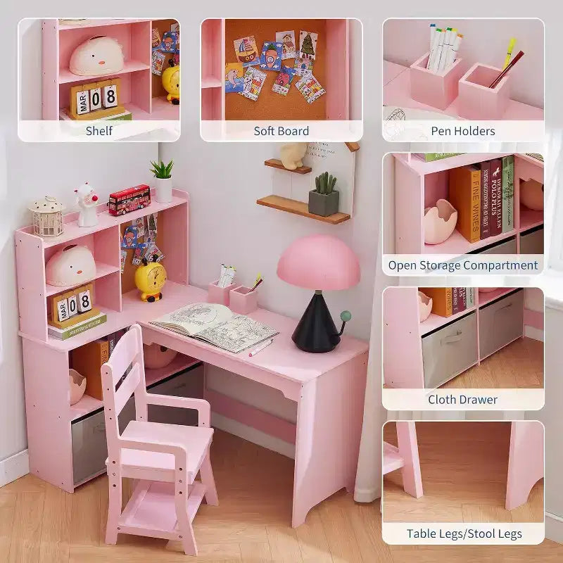 Acekool Scrivania angolare a L e sedia per bambini, tavolo da studio con bacheca, ripiani aperti, armadietti e cassetti in tessuto, bianco
