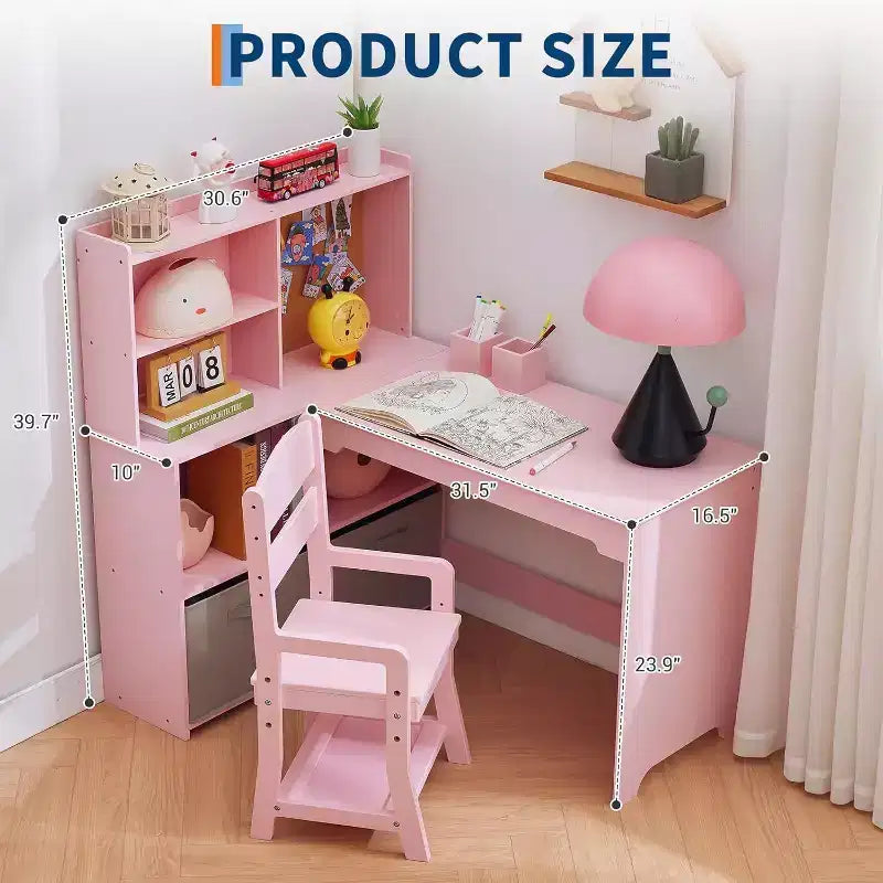 Acekool Scrivania angolare a L e sedia per bambini, tavolo da studio con bacheca, ripiani aperti, armadietti e cassetti in tessuto, bianco