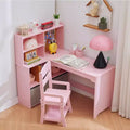 Acekool Kids L-Shaped Corner Desk and Chair Set, Study Table with Bulletin Board, Open Shelves, Storage Cabinets & Cloth Drawers, White