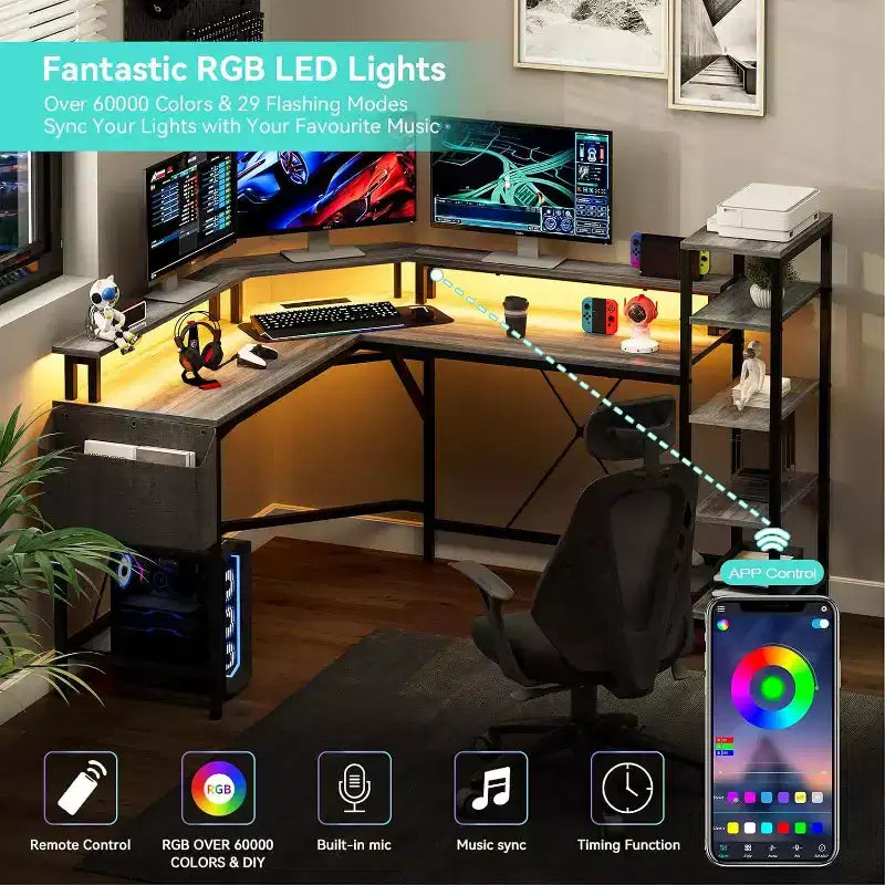 Acekool Scrivania angolare a L da 62" con prese di corrente, luci LED, supporto per monitor e mensole portaoggetti, scrivania ergonomica ad angolo per ufficio domestico