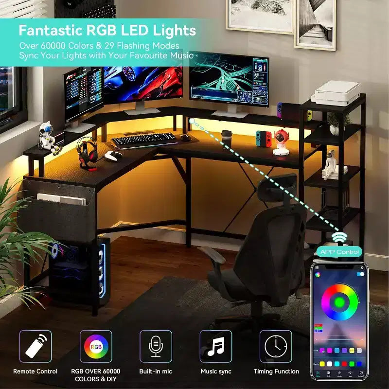 Acekool Scrivania angolare a L da 62" con prese di corrente, luci LED, supporto per monitor e mensole portaoggetti, scrivania ergonomica ad angolo per ufficio domestico