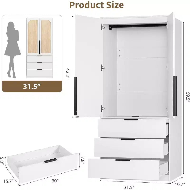 Armadio Guardaroba in Rattan con 3 Cassetti e 2 Ante, Armadio Alto in Legno per Abiti Appesi, Mobile Contenitore da Camera da Letto