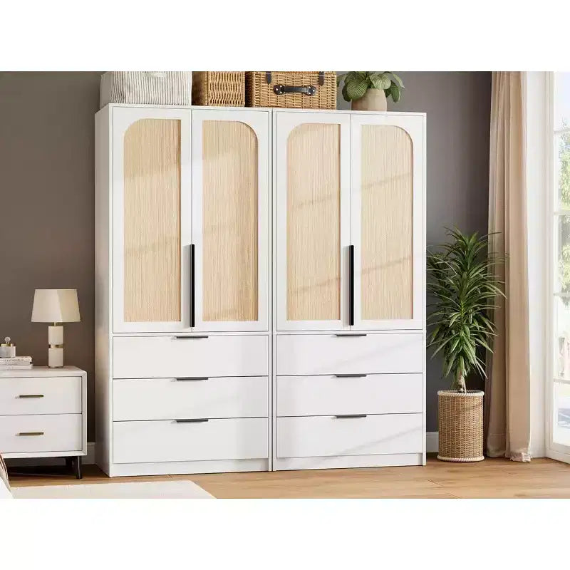 Armadio Guardaroba in Rattan con 3 Cassetti e 2 Ante, Armadio Alto in Legno per Abiti Appesi, Mobile Contenitore da Camera da Letto