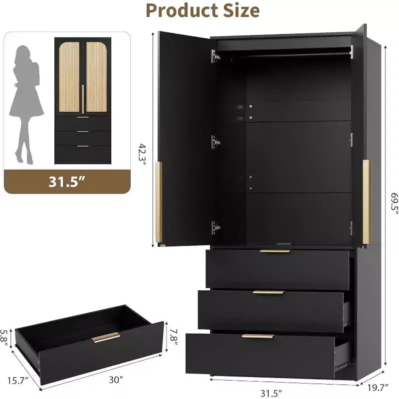 Armadio Guardaroba in Rattan con 3 Cassetti e 2 Ante, Armadio Alto in Legno per Abiti Appesi, Mobile Contenitore da Camera da Letto