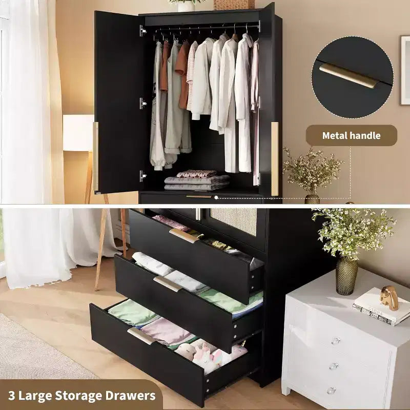 Armadio Guardaroba in Rattan con 3 Cassetti e 2 Ante, Armadio Alto in Legno per Abiti Appesi, Mobile Contenitore da Camera da Letto