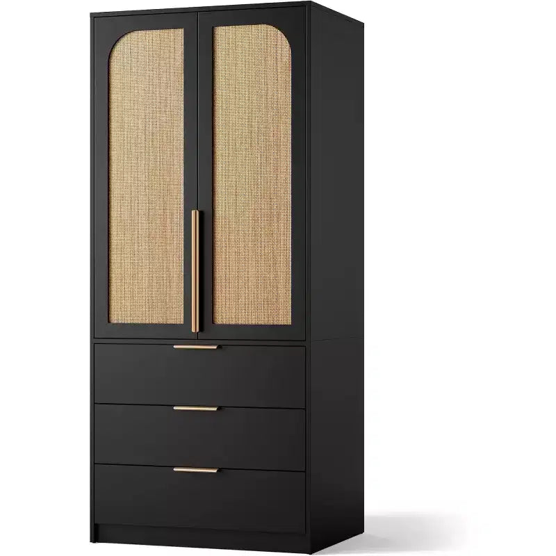 Armadio Guardaroba in Rattan con 3 Cassetti e 2 Ante, Armadio Alto in Legno per Abiti Appesi, Mobile Contenitore da Camera da Letto