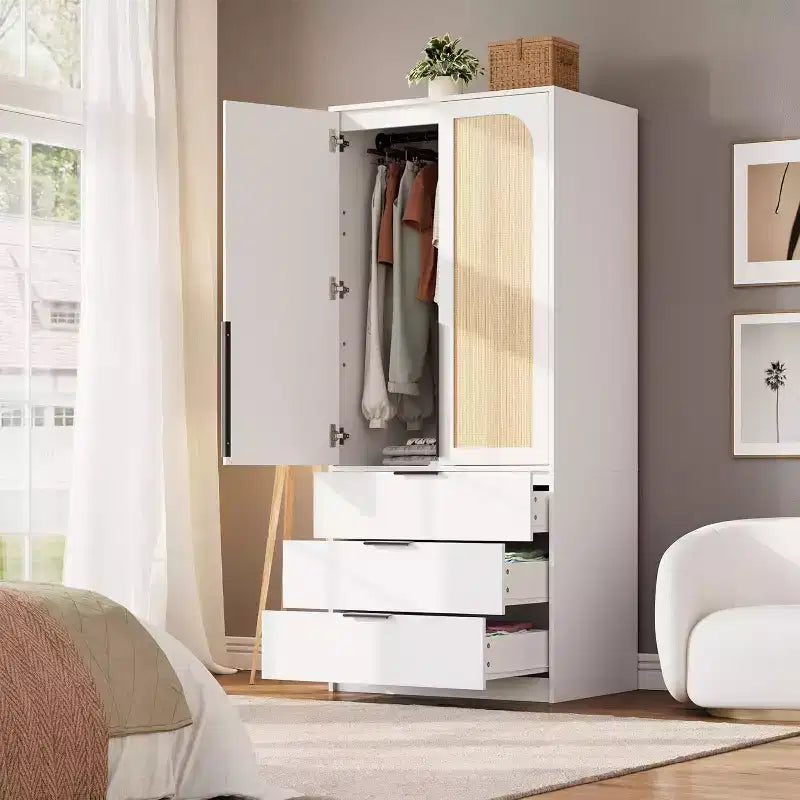 Armadio Guardaroba in Rattan con 3 Cassetti e 2 Ante, Armadio Alto in Legno per Abiti Appesi, Mobile Contenitore da Camera da Letto