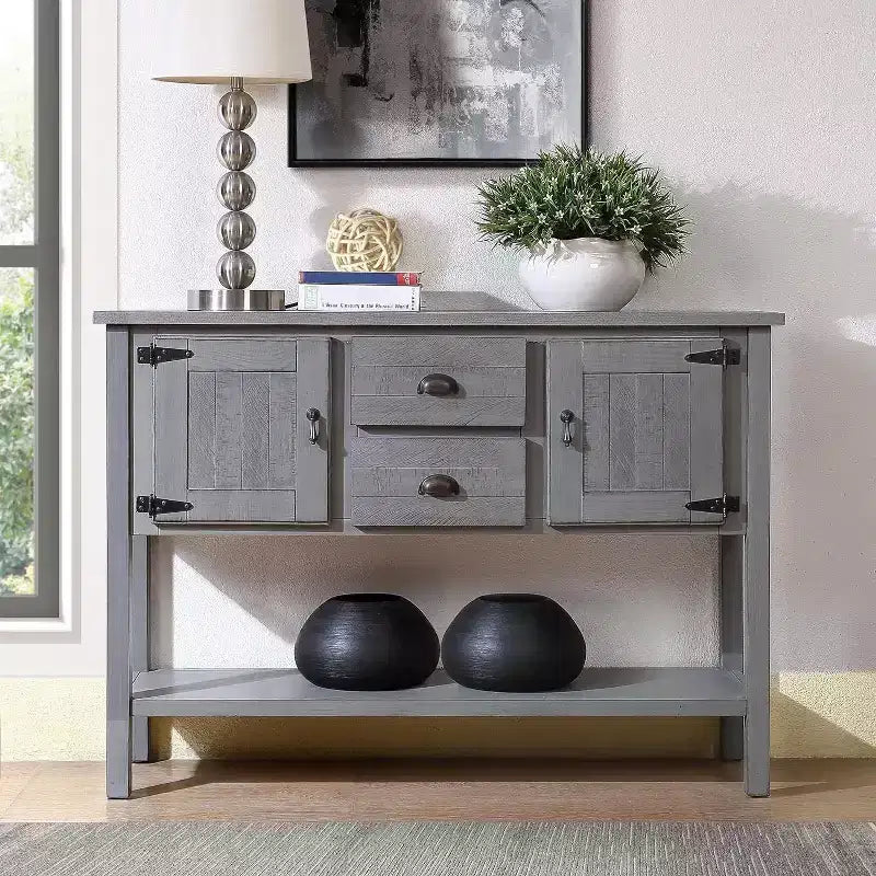 48-Inch Farmhouse Style Console Table with Storage, Entryway Table Featuring 2 Drawers and Cabinets, Wood Sofa Table with Shelves, Grey