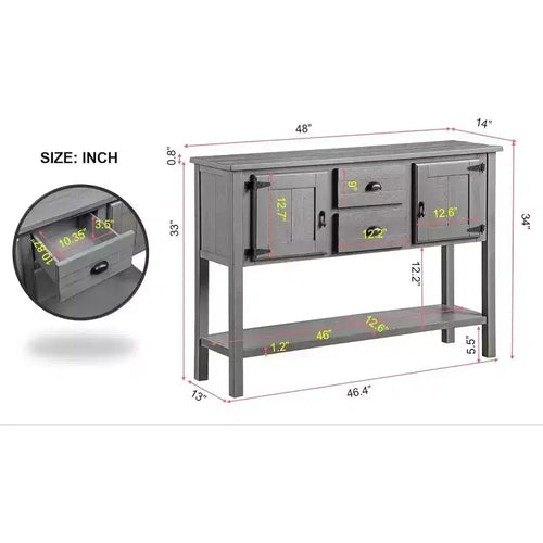 Consolle in stile rustico da 48 pollici con contenitore, tavolo d'ingresso con 2 cassetti e ante, tavolino da divano in legno con ripiani, grigio