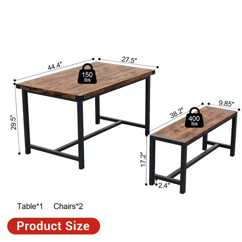 COZONY Set da 3 Pezzi Tavolo da Pranzo per 4 Persone, Tavolo da Cucina in Legno con 2 Panche, Mobili da Pranzo Salvaspazio per Piccoli Spazi e Appartamenti