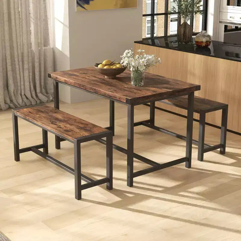 COZONY Set da 3 Pezzi Tavolo da Pranzo per 4 Persone, Tavolo da Cucina in Legno con 2 Panche, Mobili da Pranzo Salvaspazio per Piccoli Spazi e Appartamenti