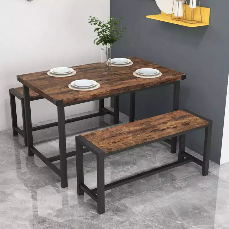 COZONY Set da 3 Pezzi Tavolo da Pranzo per 4 Persone, Tavolo da Cucina in Legno con 2 Panche, Mobili da Pranzo Salvaspazio per Piccoli Spazi e Appartamenti