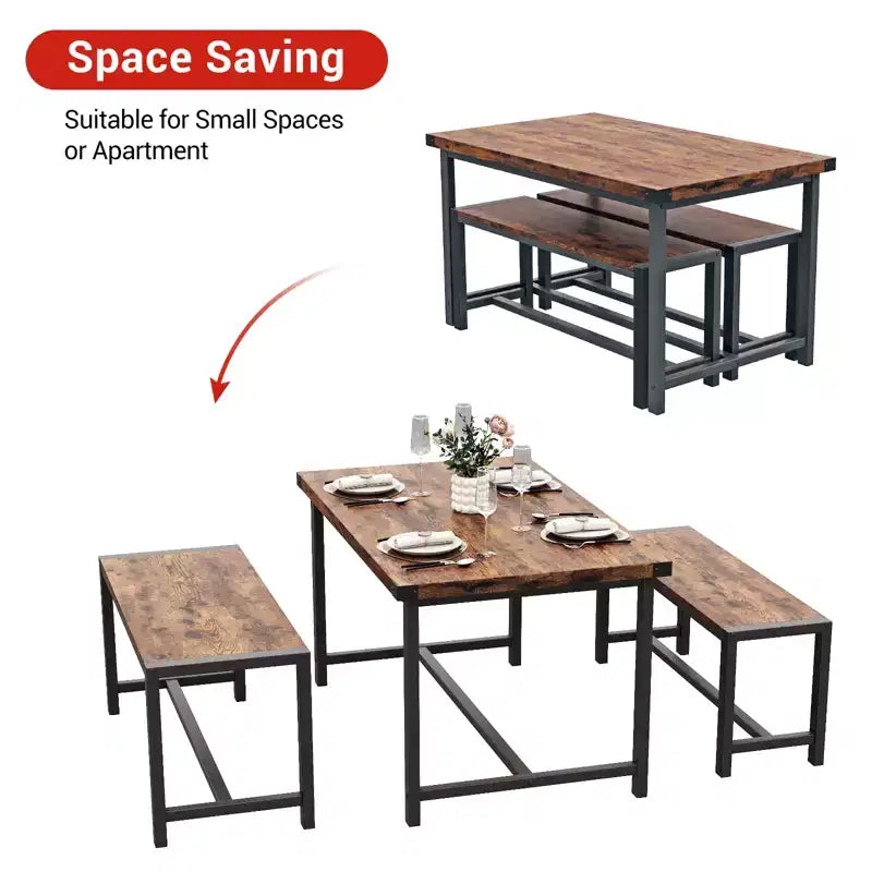 COZONY Set da 3 Pezzi Tavolo da Pranzo per 4 Persone, Tavolo da Cucina in Legno con 2 Panche, Mobili da Pranzo Salvaspazio per Piccoli Spazi e Appartamenti