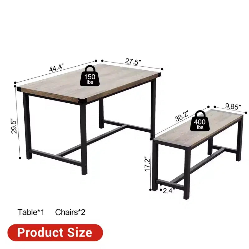 COZONY Set da 3 Pezzi Tavolo da Pranzo per 4 Persone, Tavolo da Cucina in Legno con 2 Panche, Mobili da Pranzo Salvaspazio per Piccoli Spazi e Appartamenti