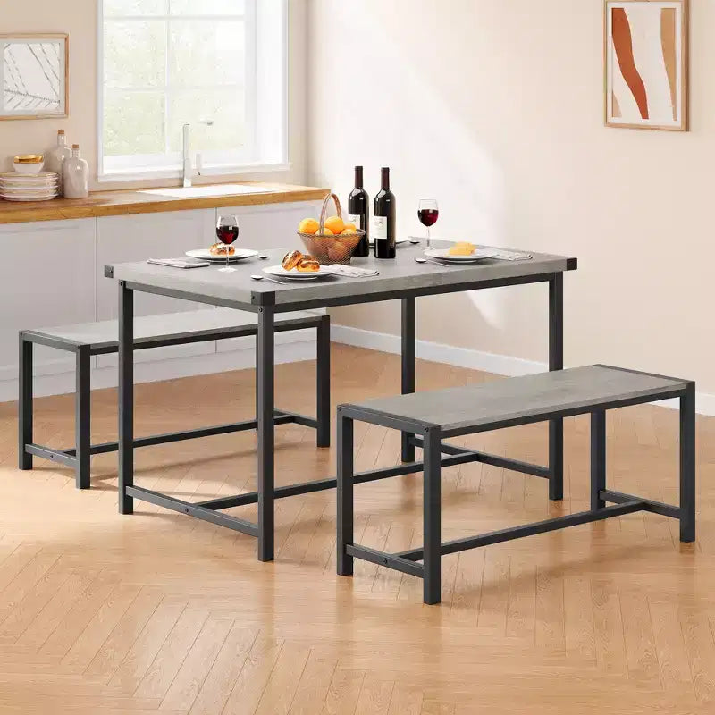 COZONY Set da 3 Pezzi Tavolo da Pranzo per 4 Persone, Tavolo da Cucina in Legno con 2 Panche, Mobili da Pranzo Salvaspazio per Piccoli Spazi e Appartamenti