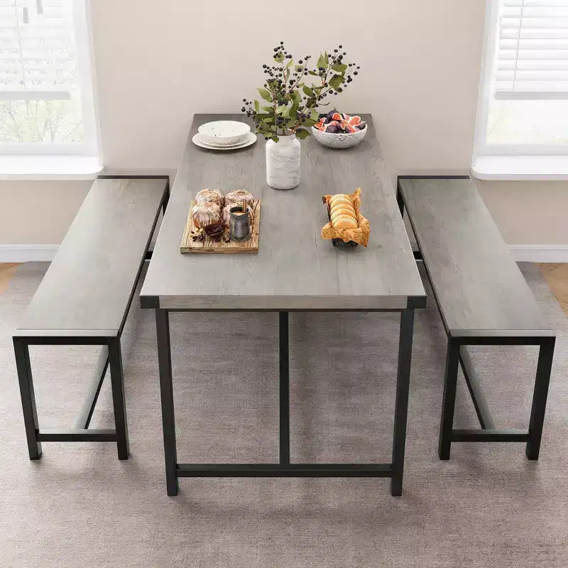 COZONY Set da 3 Pezzi Tavolo da Pranzo per 4 Persone, Tavolo da Cucina in Legno con 2 Panche, Mobili da Pranzo Salvaspazio per Piccoli Spazi e Appartamenti