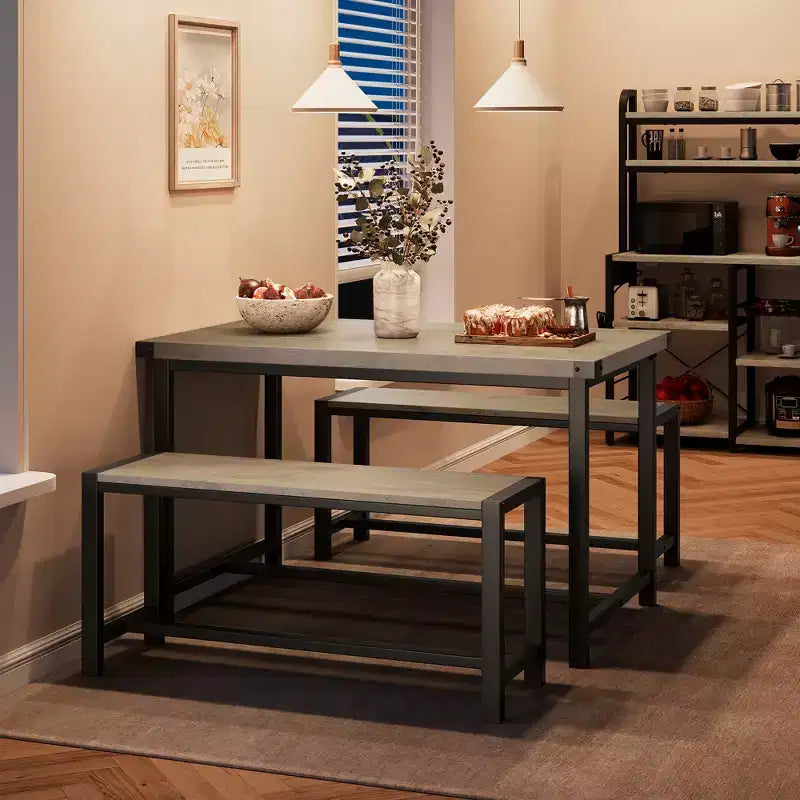 COZONY Set da 3 Pezzi Tavolo da Pranzo per 4 Persone, Tavolo da Cucina in Legno con 2 Panche, Mobili da Pranzo Salvaspazio per Piccoli Spazi e Appartamenti