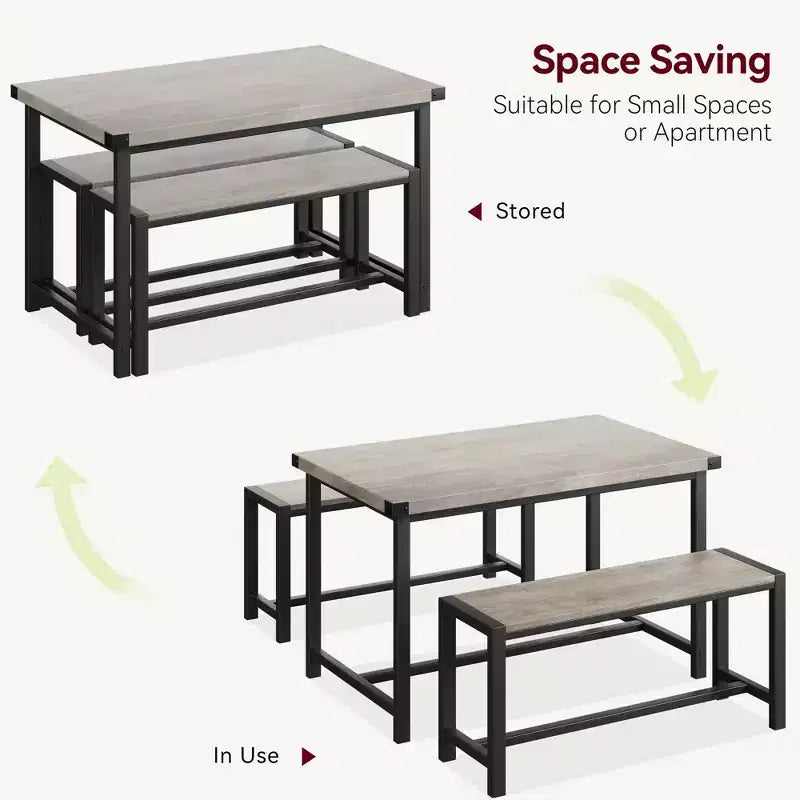 COZONY Set da 3 Pezzi Tavolo da Pranzo per 4 Persone, Tavolo da Cucina in Legno con 2 Panche, Mobili da Pranzo Salvaspazio per Piccoli Spazi e Appartamenti
