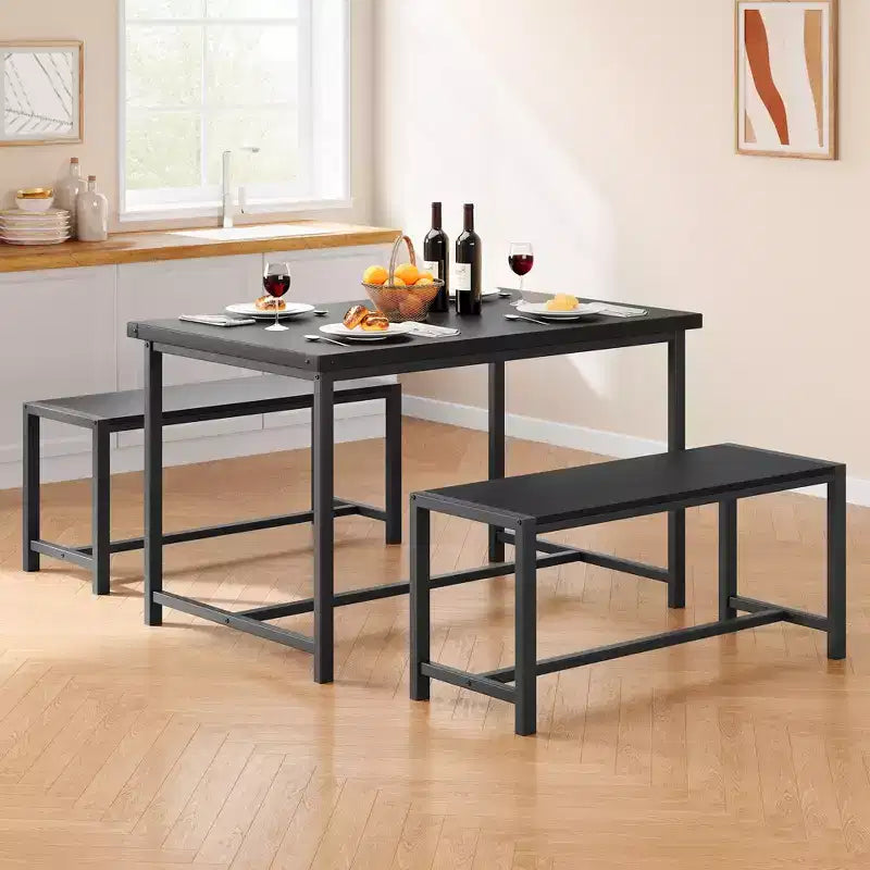 COZONY Set da 3 Pezzi Tavolo da Pranzo per 4 Persone, Tavolo da Cucina in Legno con 2 Panche, Mobili da Pranzo Salvaspazio per Piccoli Spazi e Appartamenti